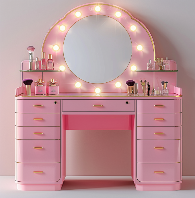 Bedroom Makeup Sets LED Lighted Mirror Vanity Table With Drawers And Storage Shelves Adjustable In Pink 10