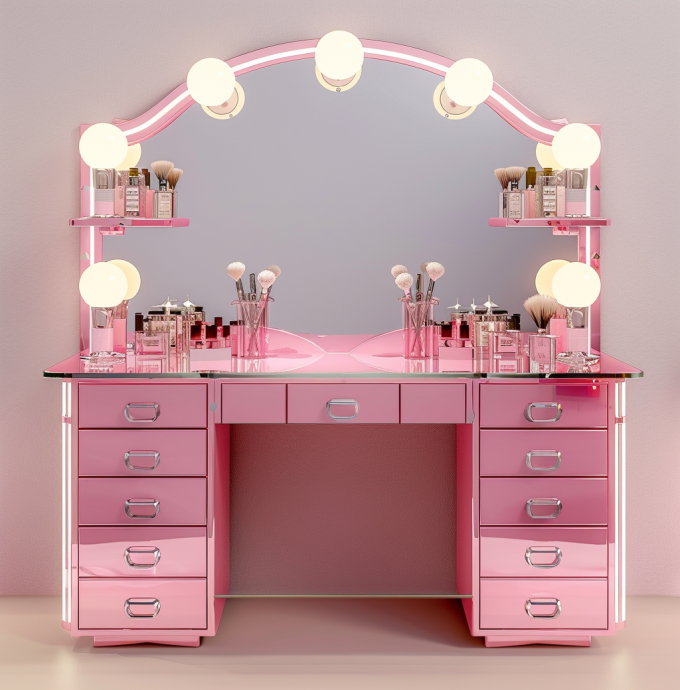 Bedroom Makeup Sets LED Lighted Mirror Vanity Table With Drawers And Storage Shelves Adjustable In Pink 11