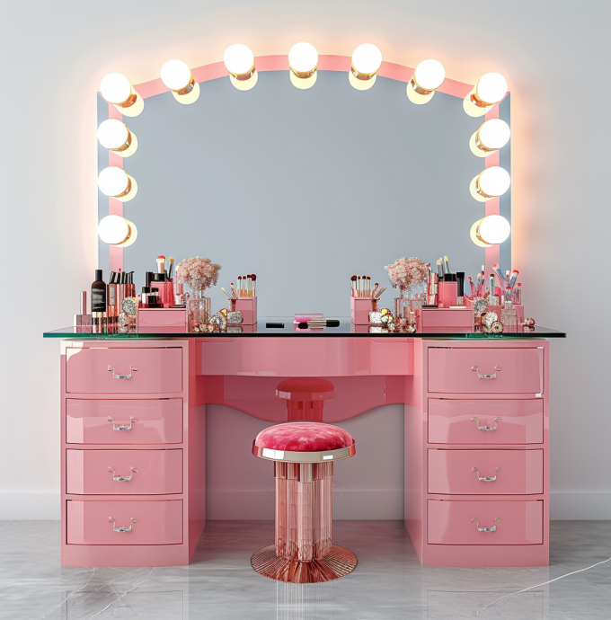 Bedroom Makeup Sets LED Lighted Mirror Vanity Table With Drawers And Storage Shelves Adjustable In Pink 12