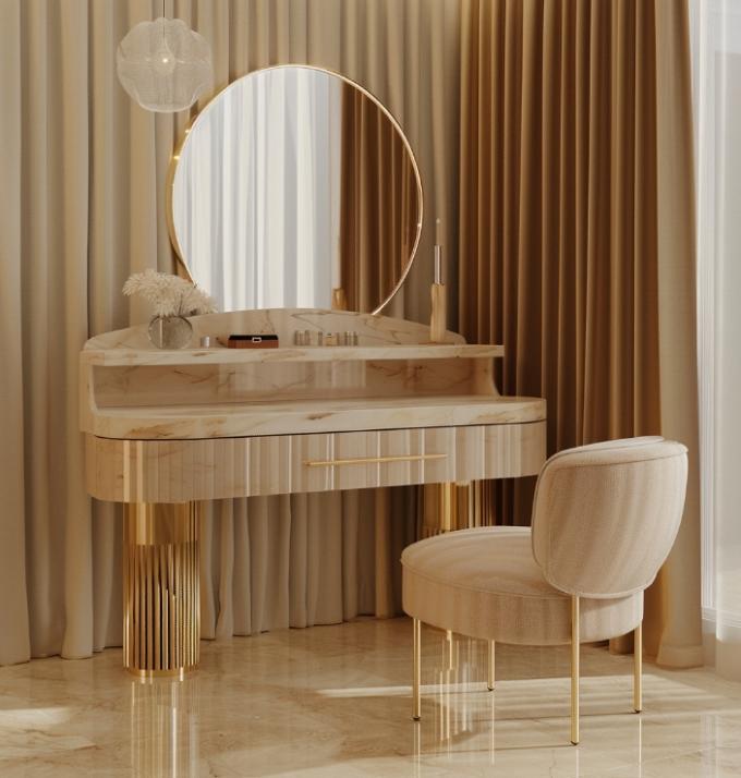 Modern Luxury Bedroom Furniture Functional Bedding Room Set With Gold Plated Top And Marble Leather Ceramic Dressers 2