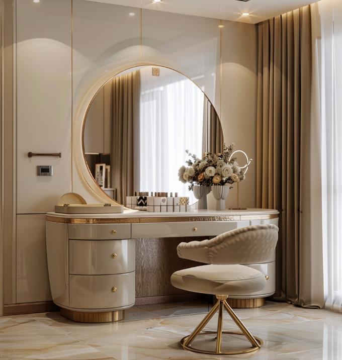 Modern Luxury Bedroom Furniture Functional Bedding Room Set With Gold Plated Top And Marble Leather Ceramic Dressers 4