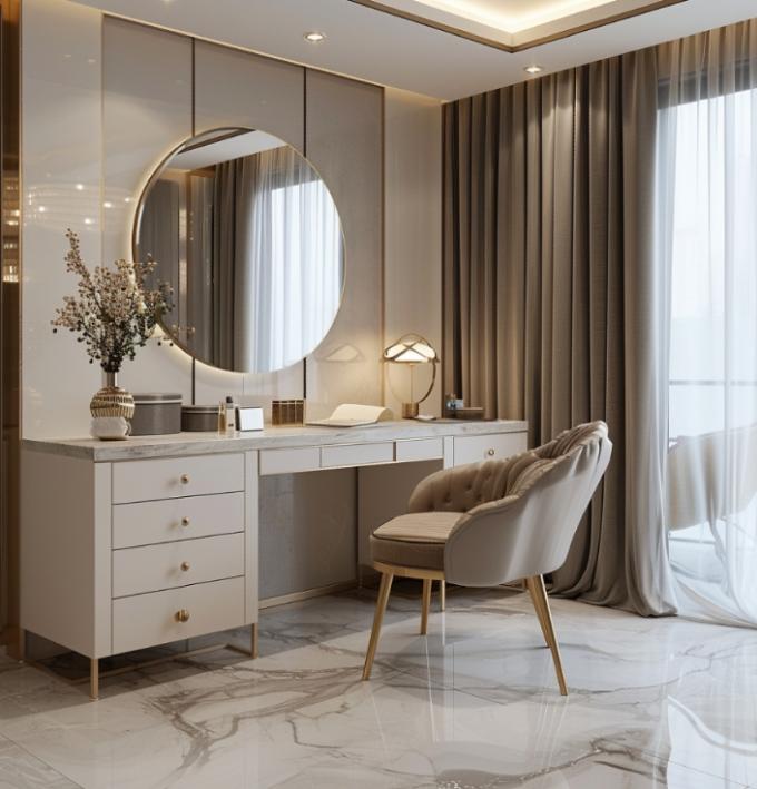 Modern Luxury Bedroom Furniture Functional Bedding Room Set With Gold Plated Top And Marble Leather Ceramic Dressers 6
