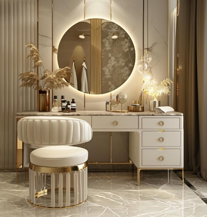 Functional Modern Nordic Wooden Multifunction Ladies Vanity Table In Bedroom With Led Light Makeup Mirror Storage 2