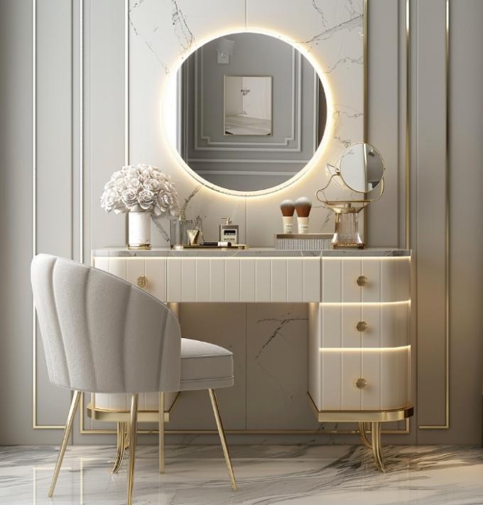 Functional Modern Nordic Wooden Multifunction Ladies Vanity Table In Bedroom With Led Light Makeup Mirror Storage 6