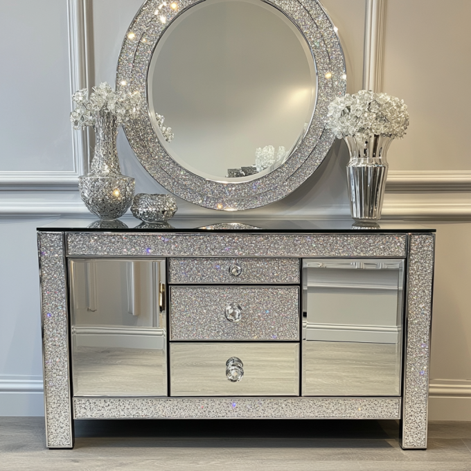 Wooden Mirrored Diamond Solid Wood Frame Storage Modern Luxury King-Size Bedroom Set For Home Villa Bedroom Living Room 5