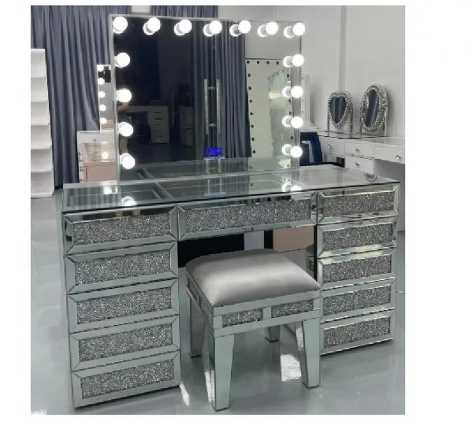 Sparkly Crushed Diamond Vanity Dressing Table With 2 Drawers And Jewelry Compartment For Girls Bedroom 14