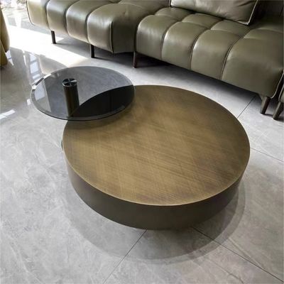 Tempered Glass Gold Metal Round Coffee Table Contemporary Drum Shape