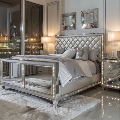 Upgrade Bedroom Modern Luxury Upholstery Tufted Headboard Queen King Double Silver Mirrored Bed Furniture Set