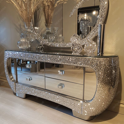 Functional TV Stand And Storage Function In Wood Panel For Modern Crystal Mirrored Silver Furniture In Living Room Bedroom