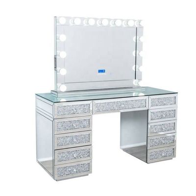 Modern Design Oak Makeup Table With Lighted Mirrored Dresser Vanity Desk And Storage