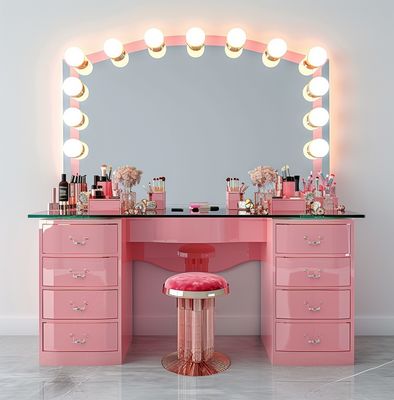 Bedroom Makeup Sets LED Lighted Mirror Vanity Table With Drawers And Storage Shelves Adjustable In Pink
