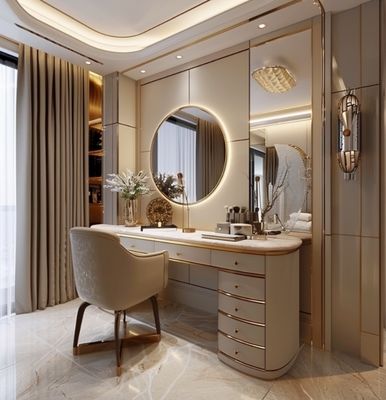 Functional Modern Nordic Wooden Multifunction Ladies Vanity Table In Bedroom With Led Light Makeup Mirror Storage