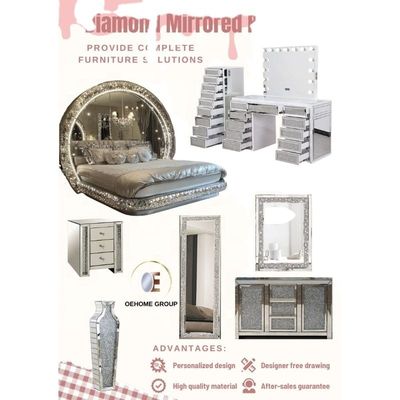 Wooden Mirrored Diamond Solid Wood Frame Storage Modern Luxury King-Size Bedroom Set For Home Villa Bedroom Living Room