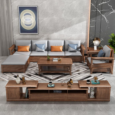 Teak Solid Wooden 7 Seater Sofa Set Modular Lounge With Leather Upholstery