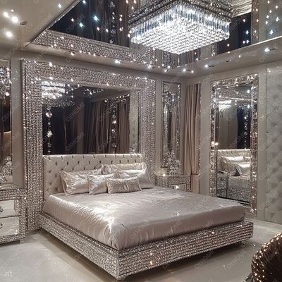 Latest Bedroom Furniture Designs Luxury Diamond Crystal King/Queen Size Mirrored Upholstered Bed For Hotels And Villas