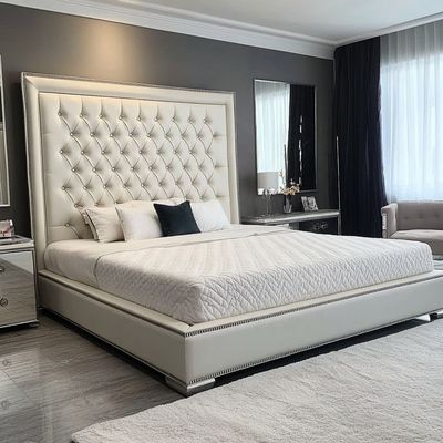 Grey Wooden Queen / King Size Double Bed Set With Mirrored Buttons Inspired By President And Modern Design