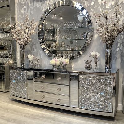 Livingroom TV Cabinet Modern Mirrored Silver Crystal Glass Furniture For Bedroom Hotel Apartment-Living Room