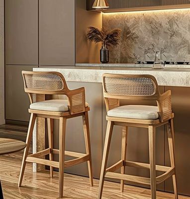 Commercial Furniture Indoor Woven Bar Stool With Wooden Legs And Rattan Backrest